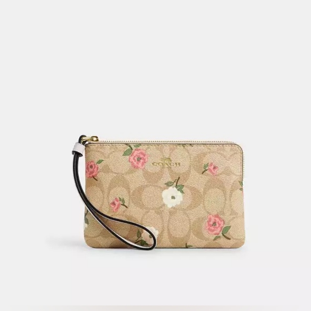 Coach Floral Print Wristlet in Tan and Pink